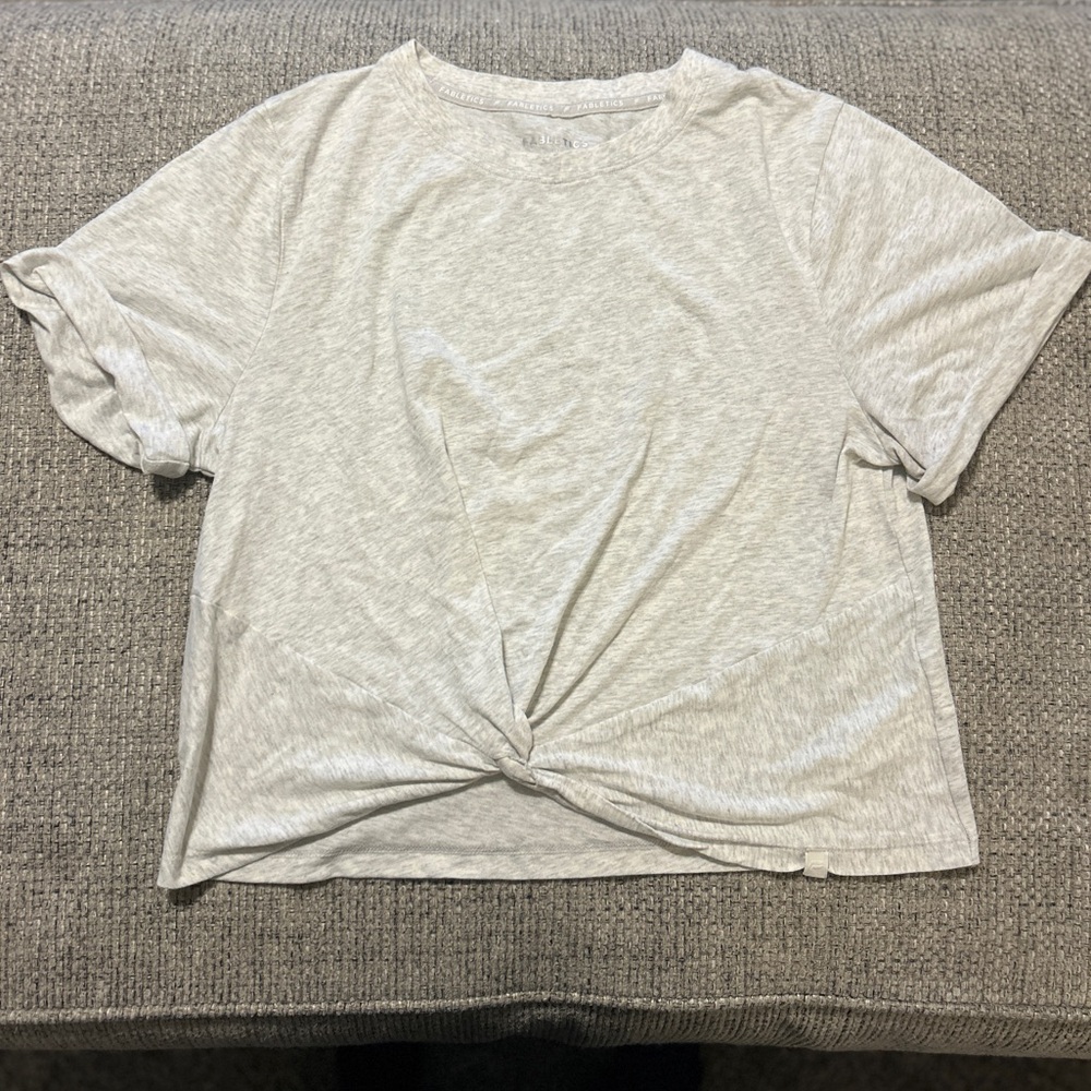 Fabletics Light Gray Knotted Crop Tee with Cuffed Sleeves
